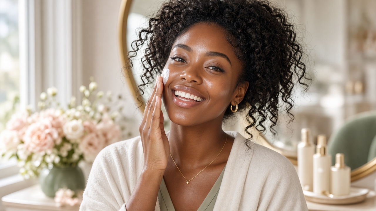Woman applying moisturizer in a sunlit bathroom