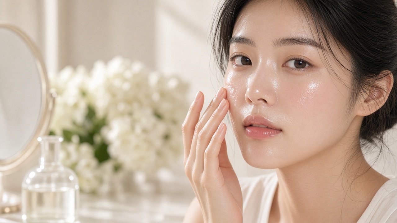 Ji-woo patting a hydrating essence onto her cheek